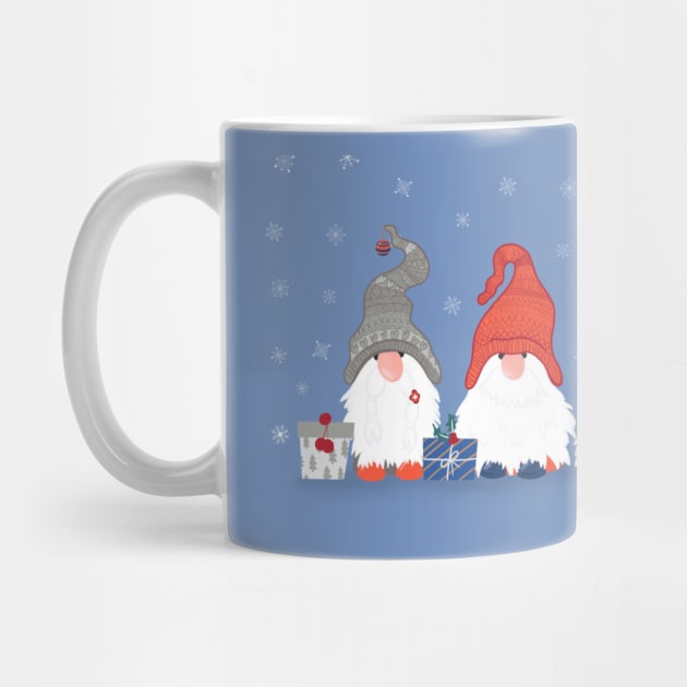 Three Christmas Gnomes with Snowflakes and Presents on Pale Blue by NattyDesigns